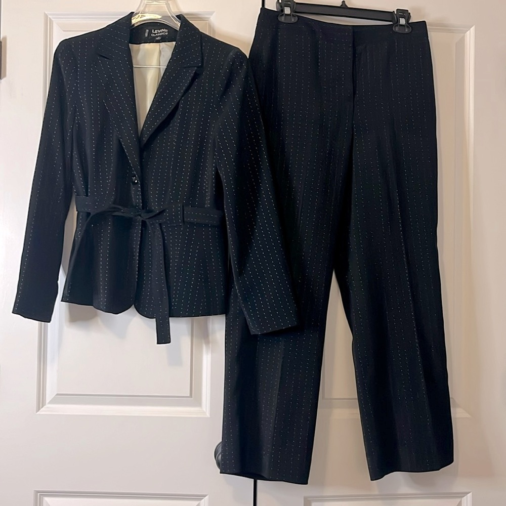 Larry Levine Black Pinstripe Pantsuit